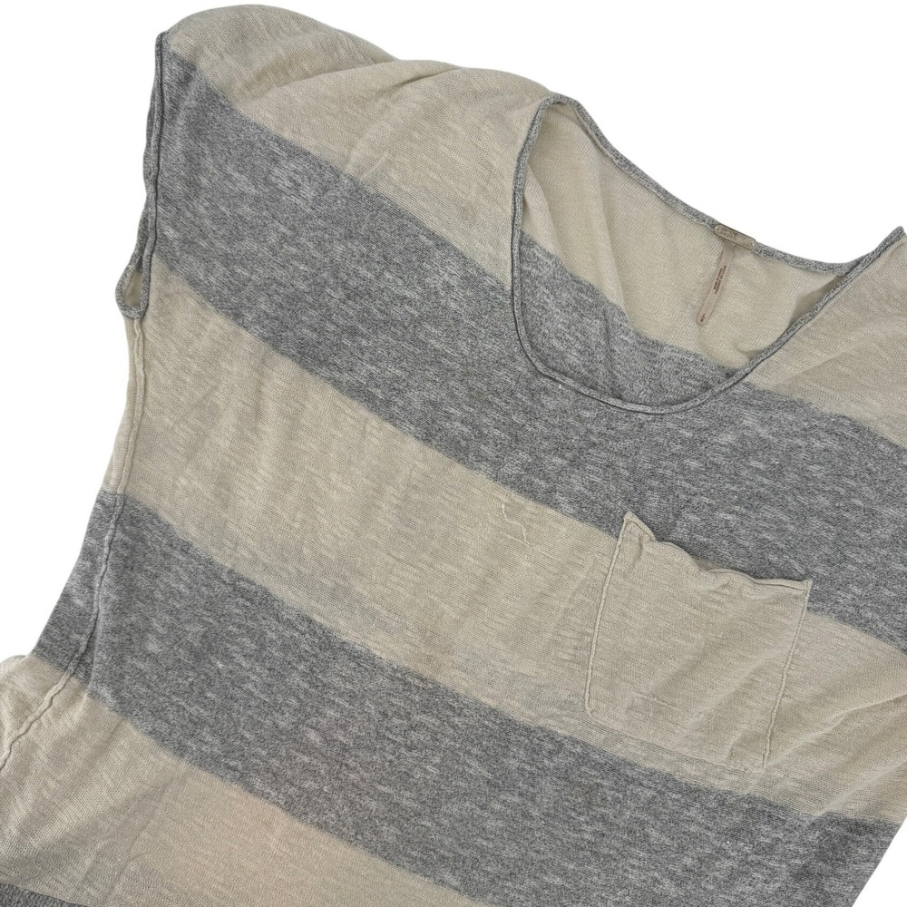 Free People Beach Womens Large‎ Grey Cream Striped Knit Pocket Tee Short Sleeve